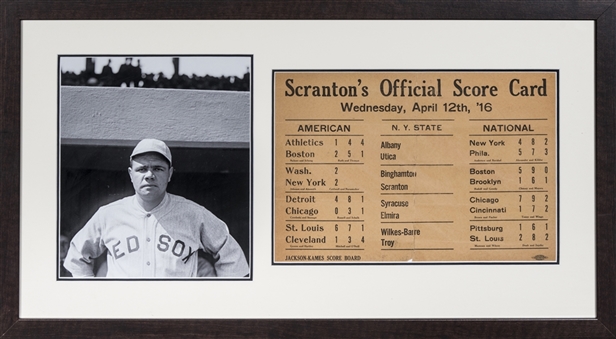 1916 Scranton, PA Baseball Scorecard From April 12, 1916 Games With Babe Ruth Photo In 35x20 Framed Display 